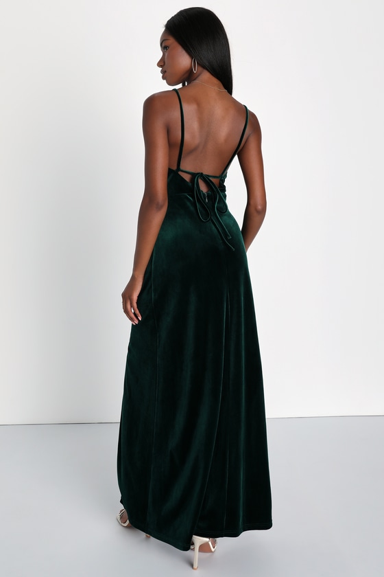 Timeless Radiance Emerald Green Velvet Lace-Up Maxi Dress 3
