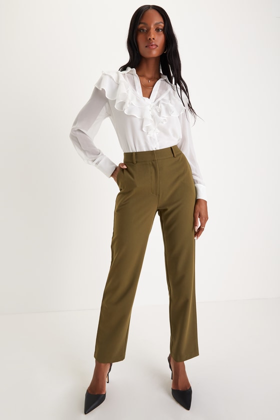 Olive Slim Leg Pants - High-Waisted Trouser Pants - Office Pants