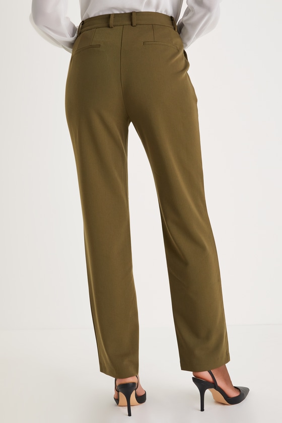 Olive Slim Leg Pants - High-Waisted Trouser Pants - Office