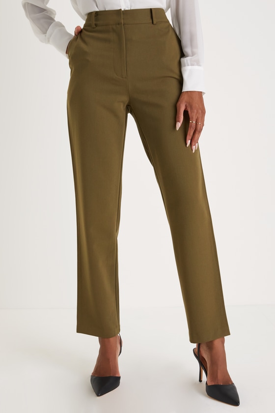 Ideal Aura Olive Green High-Waisted Slim Leg Trouser Pants 4