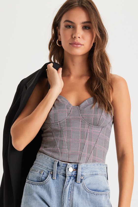 Grey and Pink Plaid Top - Sleeveless Bustier Top - Corset