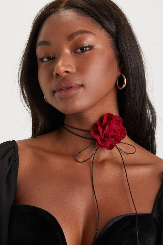 Dramatic Mystique Red 3D Flower Choker Necklace 1