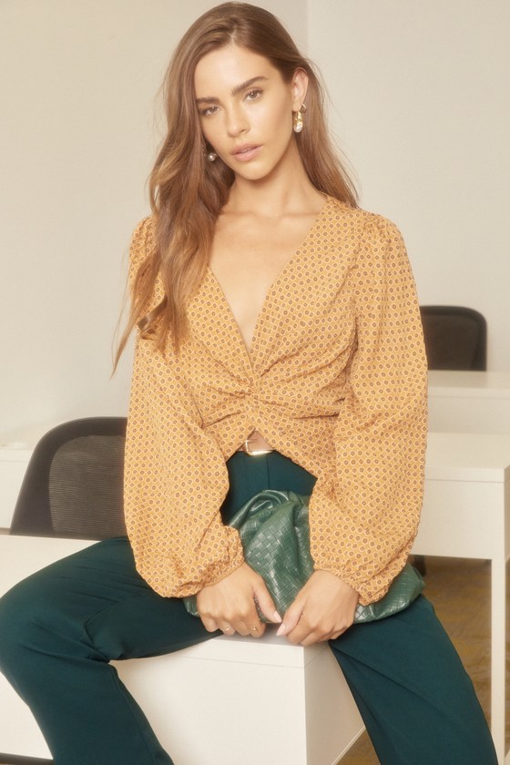 Lulus Throwback Trend Mustard Yellow Geo Print Twist-front Top | ModeSens
