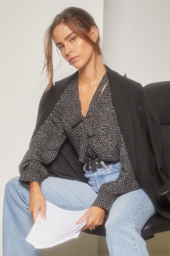 Black Polka Dot Top - Button-Up Long Sleeve Top - Tie-Neck Top - Lulus