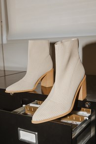 Farlie Almond Ribbed Knit Pointed-Toe Sock Boots