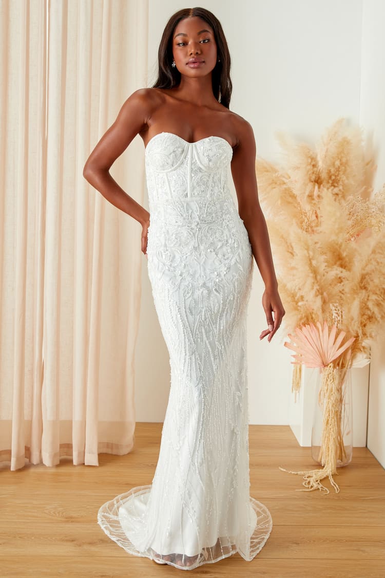 White Beaded Gown - Strapless Wedding Dress - Embroidered Dress - Lulus