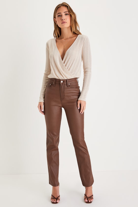 Sundaze Brown Coated Vegan Leather High Rise Straight Leg Pants 1