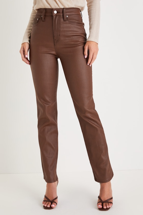 Sundaze Brown Coated Vegan Leather High Rise Straight Leg Pants 4