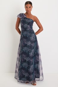 Beyond Fabulous Blue Floral Organza One-Shoulder Maxi Dress