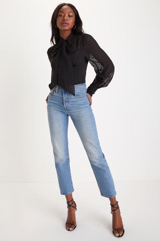 Sophisticated Fashion Black Swiss Dot Tie-Neck Top 1