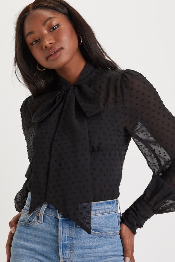 Sophisticated Fashion Black Swiss Dot Tie-Neck Top 4