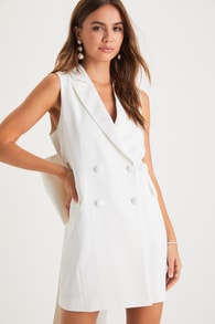Confidently Classy White Sleeveless Bow Blazer Mini Dress