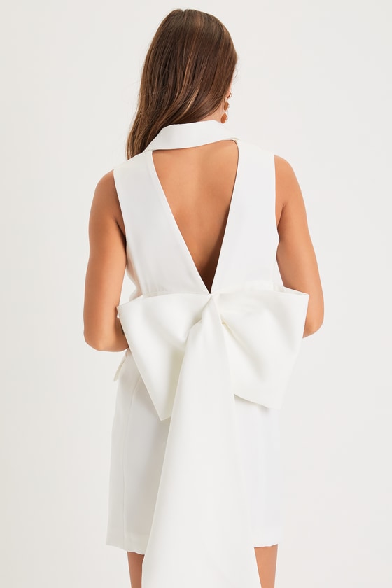 Confidently Classy White Sleeveless Bow Blazer Mini Dress 4