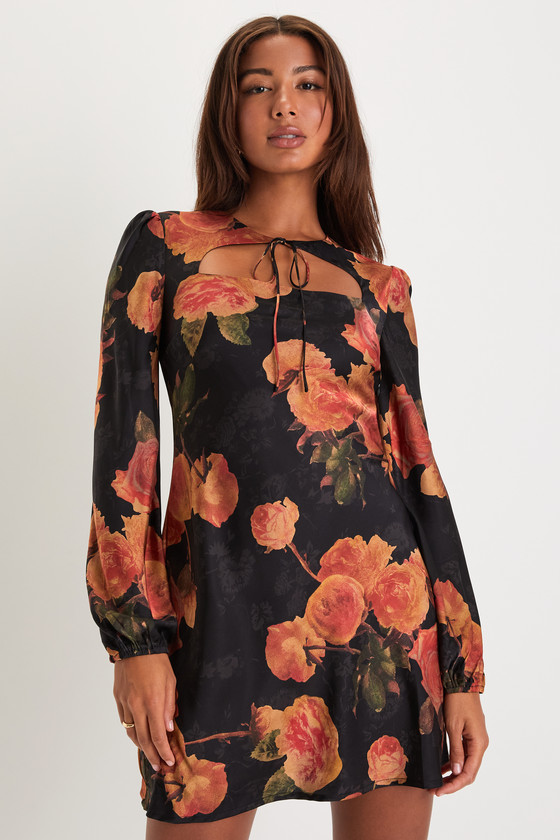 Lulus Fall-worthy Sweetie Black Floral Satin Tie-neck Mini Dress | ModeSens Lulus Fall-worthy Sweetie Black Floral Satin Tie-neck Mini Dress | ModeSens