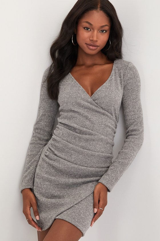 Lulus Sensationally Snuggly Heather Grey Ribbed Knit Mini Dress