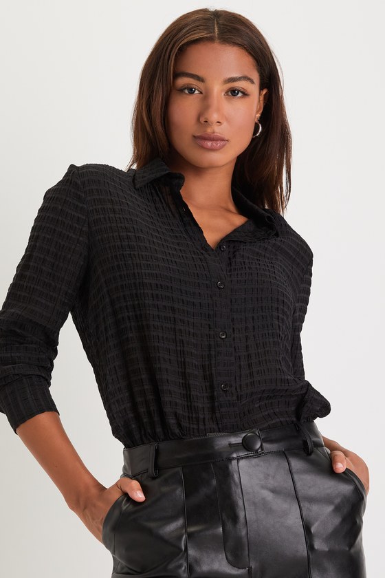 Black Plisse Button Up Long Sleeve Top main image 0