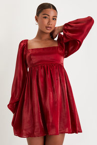 Upscale Stunner Wine Red Organza Long Sleeve Babydoll Mini Dress 1