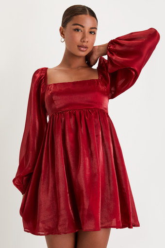 Upscale Stunner Wine Red Organza Long Sleeve Babydoll Mini Dress 1