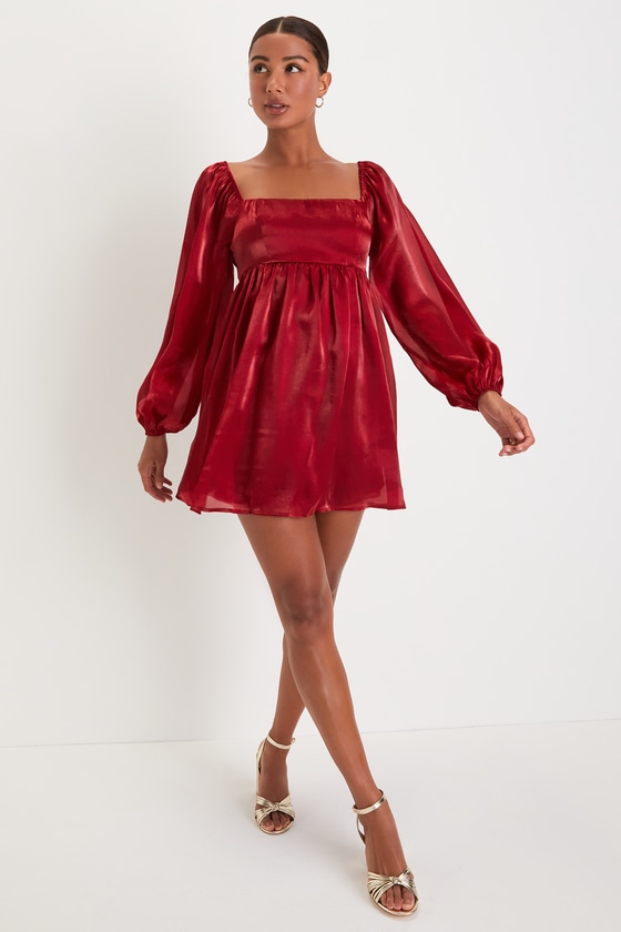 Upscale Stunner Wine Red Organza Long Sleeve Babydoll Mini Dress 4