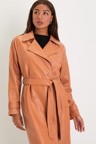 Sleek Warmth Tan Vegan Leather Double-Breasted Trench Coat