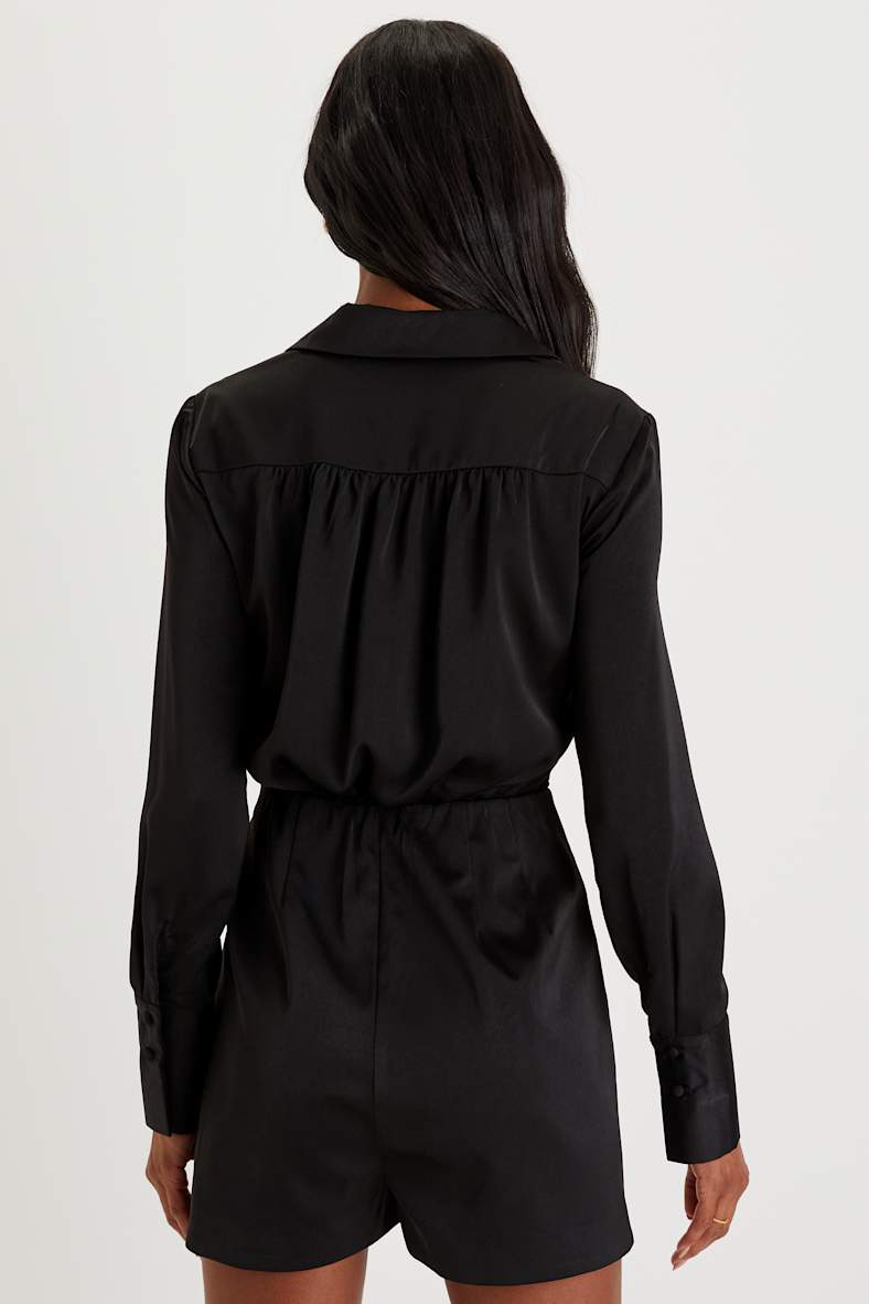 Sophisticated Effort Black Satin Long Sleeve Collared Romper
