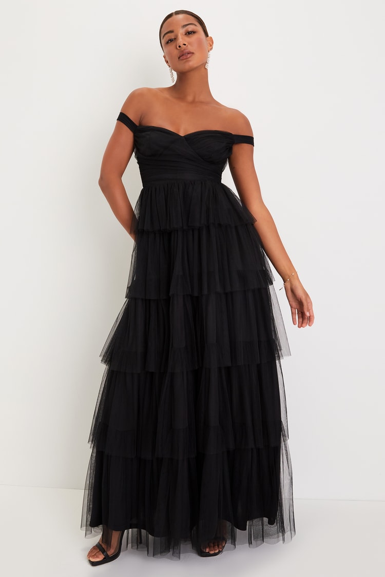 Black Tiered Dress - Off-the-Shoulder Maxi Dress - Mesh Dress - Lulus