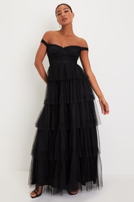 Flawless Presence Black Mesh Off-the-Shoulder Tiered Maxi Dress