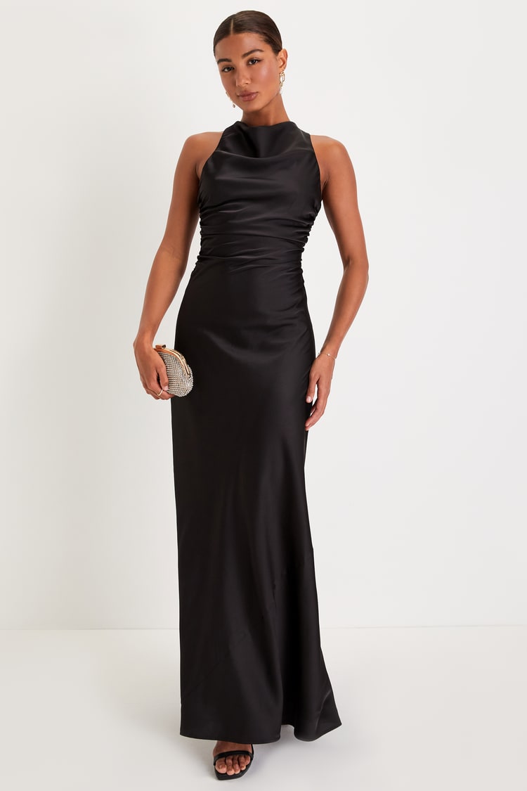 Effortlessly Sensational Black Satin Backless Maxi Dress