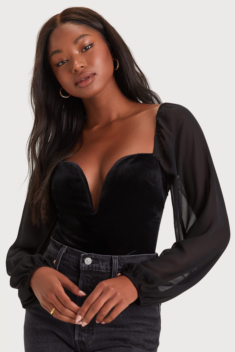 Black Bodysuit - Black Velvet Bodysuit - Sheer Sleeves Bodysuit
