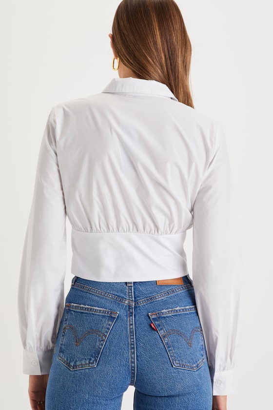 Sophisticated Cutie White Cropped Long Sleeve Button-Up Top 3