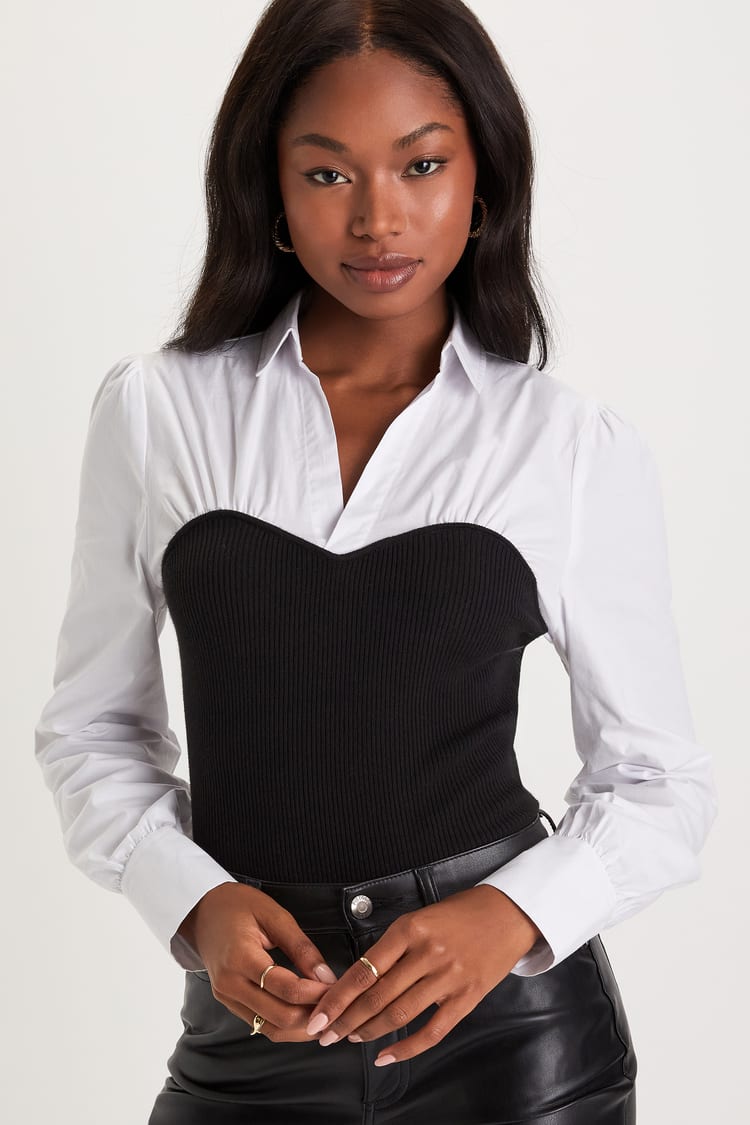Black & White Top - Layered Sweater Top - Layered Button-Up Top
