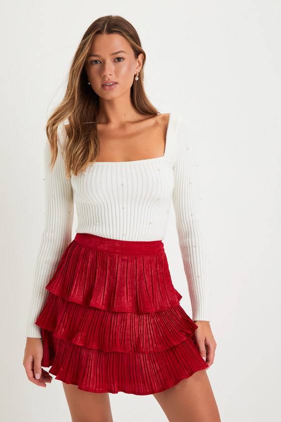 Red Mini Skirt Satin Plisse Skirt Tiered Mini Skirt Lulus