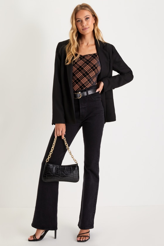 Black and Tan Houndstooth Top Velvet Bodysuit Bodysuit Lulus
