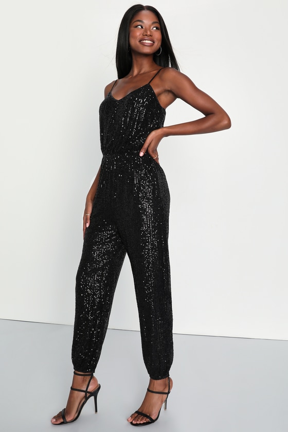 Sparkling Adventure Black Sequin Mesh Jogger Jumpsuit 1