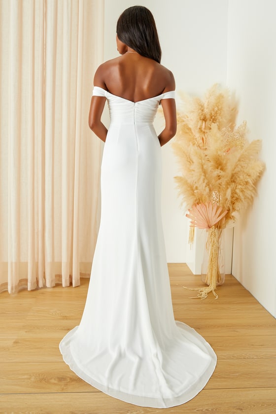 Excellent Elegance White Pleated Off-the-Shoulder Maxi Dress 2