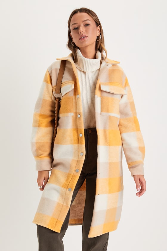 Lulus Autumn Weather Ivory And Yellow Plaid Long Shacket