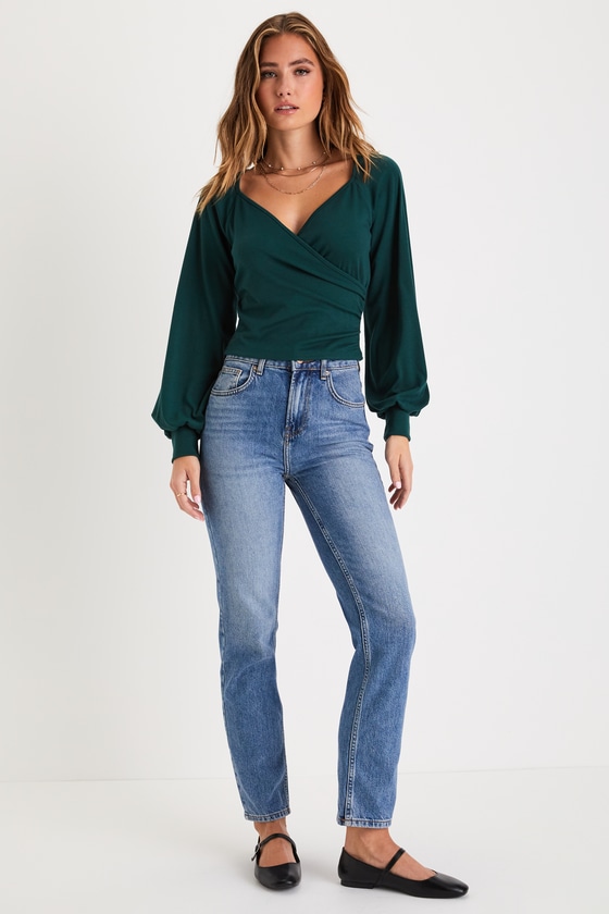 Effortless Poise Emerald Green Long Sleeve Surplice Top 1