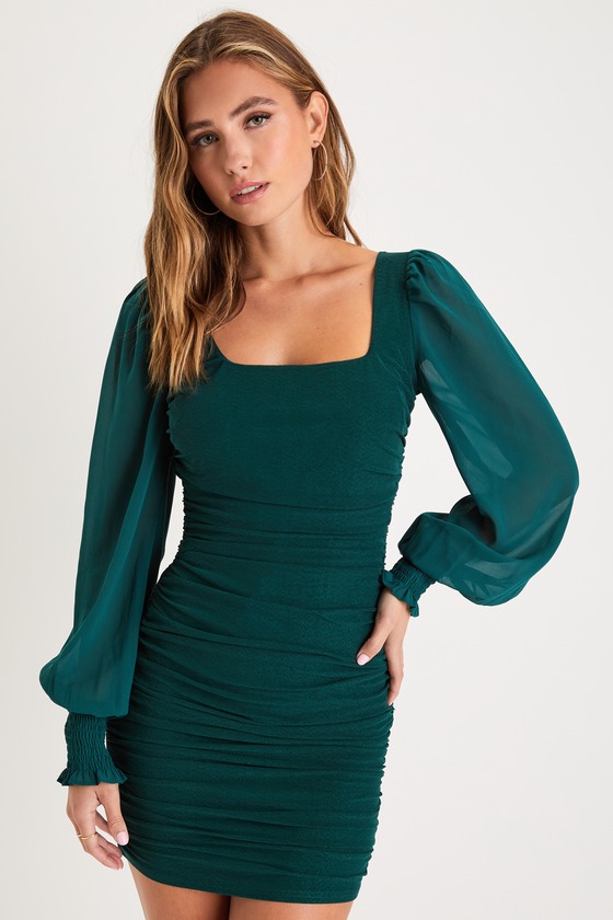 Dark Green Mini Dress - Ruched Bodycon Dress - Long Sleeve Dress - Lulus