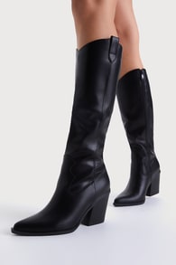 Rauland Black Pointed-Toe Knee-High Western Boots