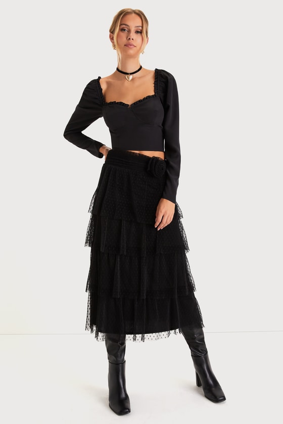 Lulus Tier To My Heart Black Mesh Plisse Tiered Rosette Midi Skirt