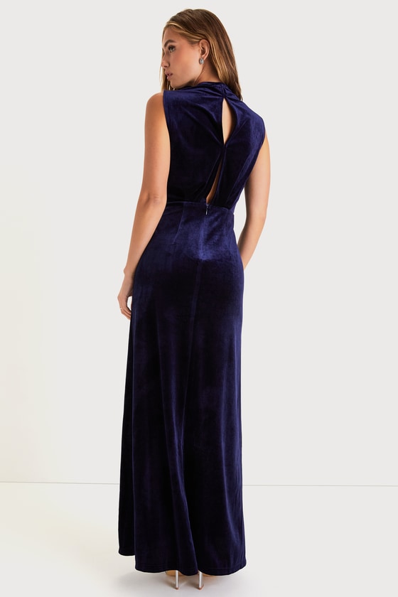 Classic Elegance Navy Velvet Sleeveless Mock Neck Maxi Dress