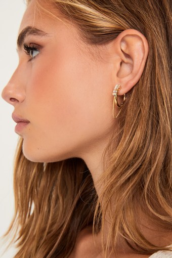True Charisma Gold Baguette Rhinestone Chain Hoop Earrings
