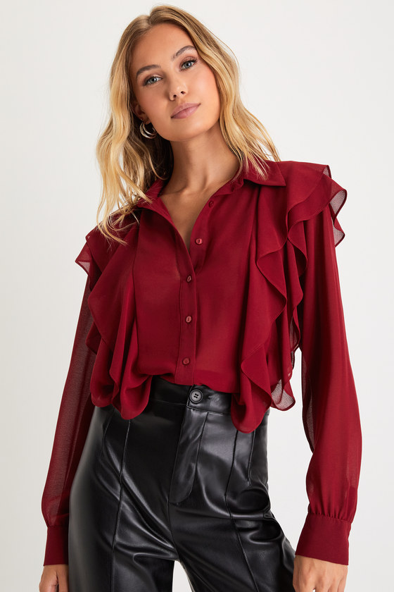 Wine Red Ruffled Top - Long Sleeve Button-Up - Collared Top - Lulus