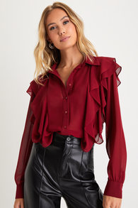 Exceptional Instinct Wine Red Ruffled Long Sleeve Button-Up Top