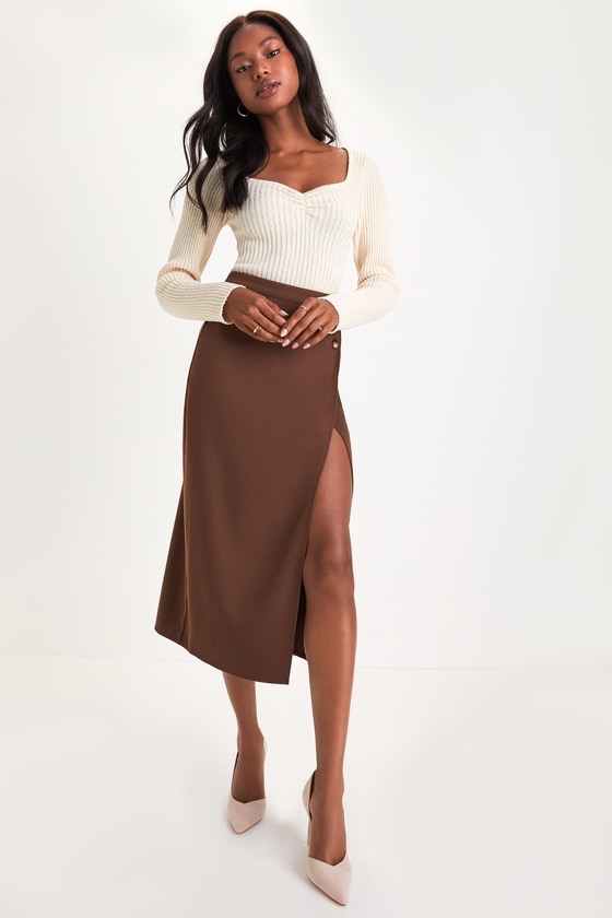 Perfect Sophistication Brown Twill Button Wrap Midi Skirt 4