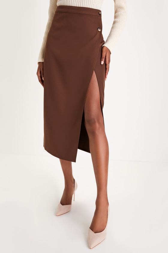 Perfect Sophistication Brown Twill Button Wrap Midi Skirt 3
