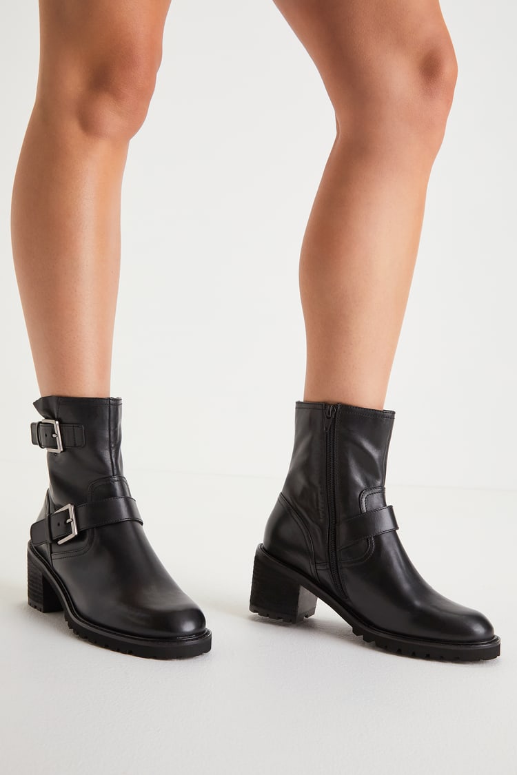 black leather buckle booties
