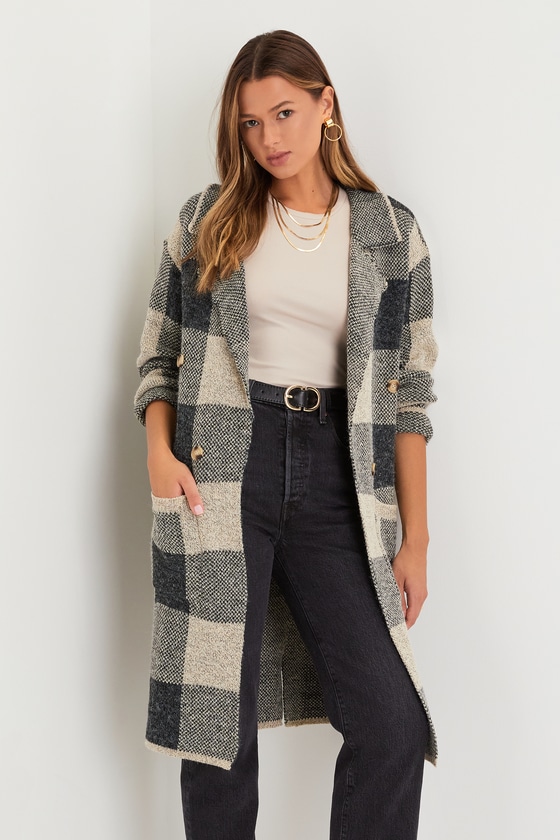 Lulus Cuddle Club Beige And Black Plaid Long Sleeve Coatigan