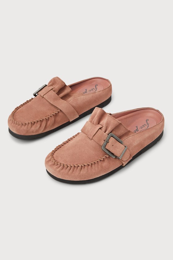 FREE PEOPLE AFTER RIDING SUNSET SAND BROWN GENUINE SUEDE LEATHER BUCKLE MULES