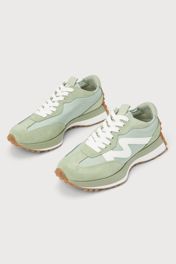 Shop Steve Madden Campo Sage Green And White Suede Color Block Sneakers